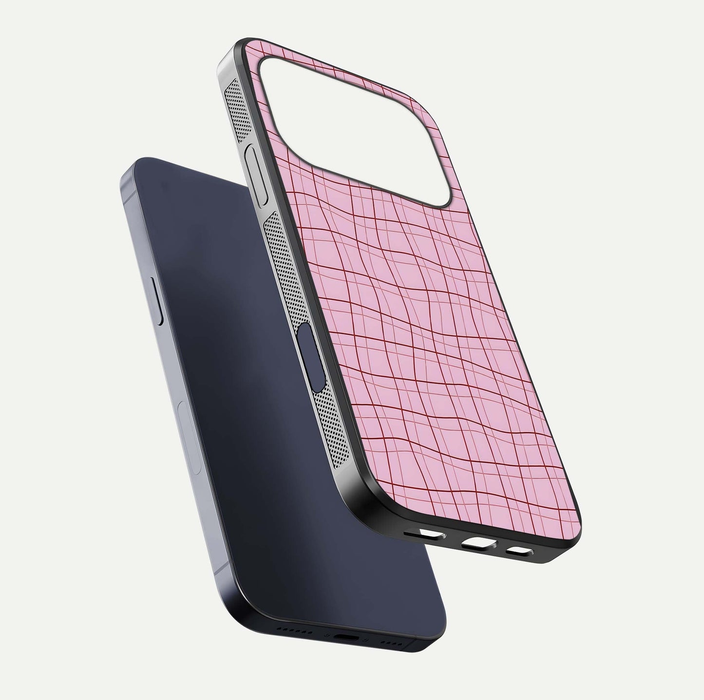 Soft Grid Bliss iPhone 17 Pro glass phone case floating view emphasizing glossy surface and minimal styling