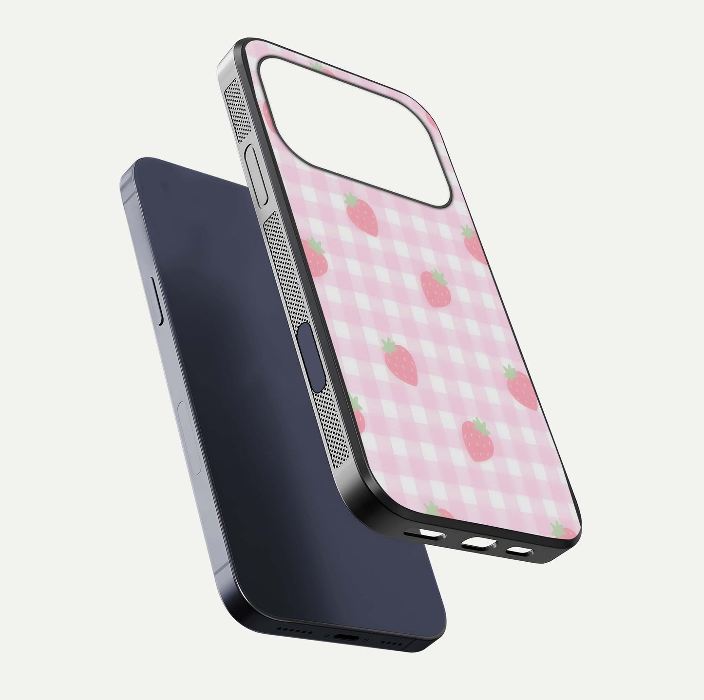 Strawberry Picnic Love iPhone 17 Pro glass phone case floating view emphasizing glossy finish and playful charm