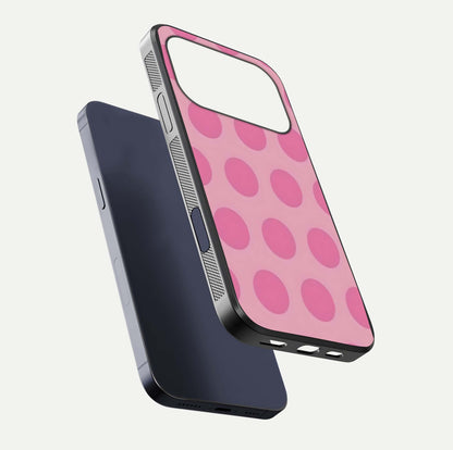 Sweet Dot Dreams iPhone 17 Pro glass phone case floating view emphasizing glossy surface and soft playful styling
