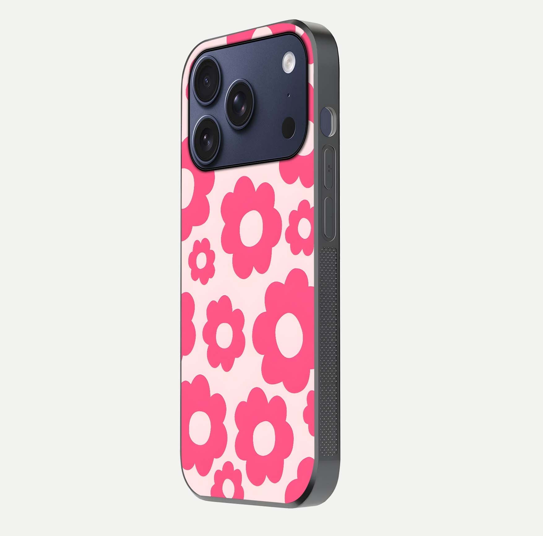Blush Flower Pop iPhone 17 Pro glass phone case side profile view focusing on clean edges and seamless floral wrap