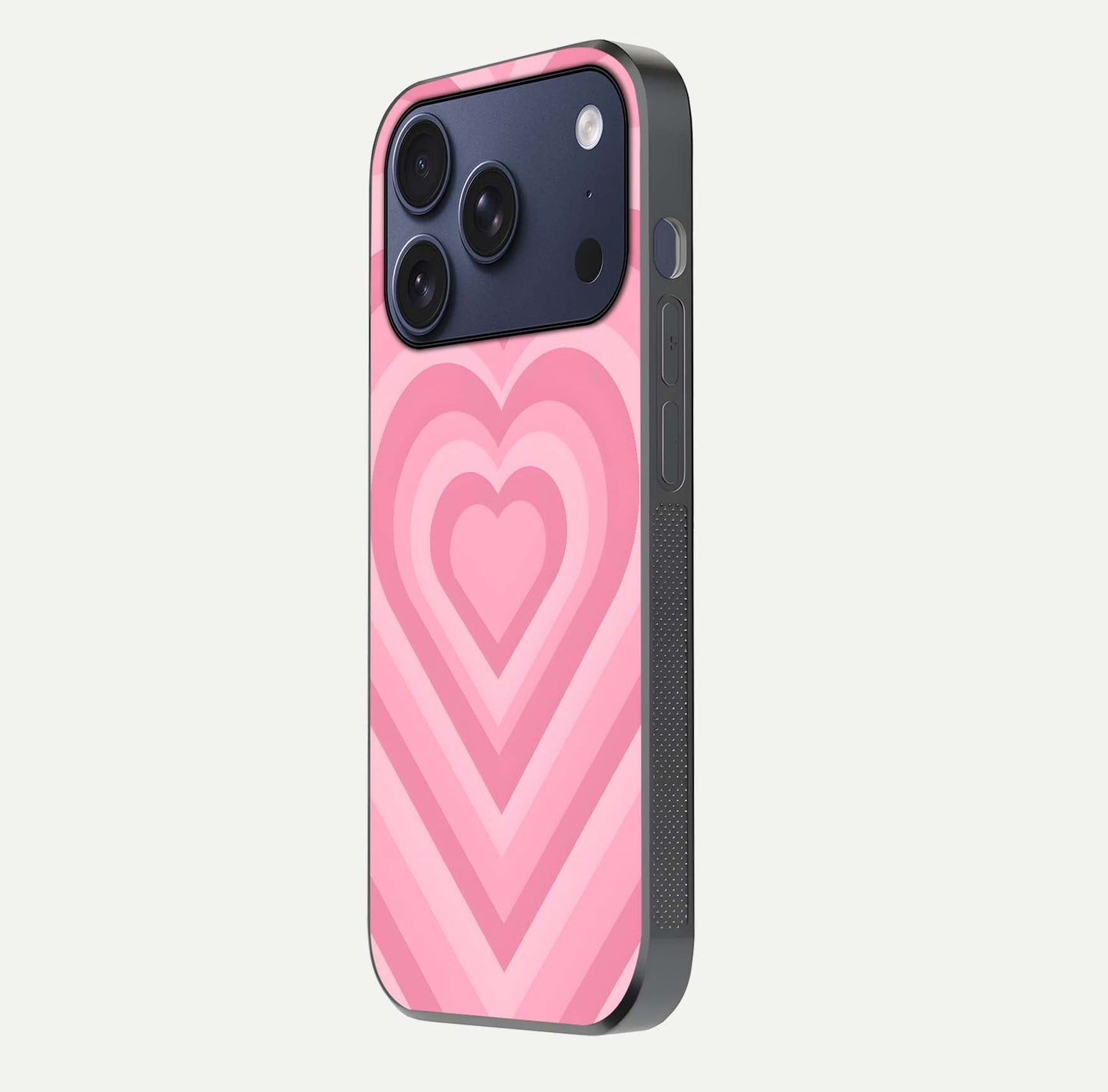 Blush Heart Waves iPhone 17 Pro glass phone case side profile view focusing on smooth edges and elegant wrap