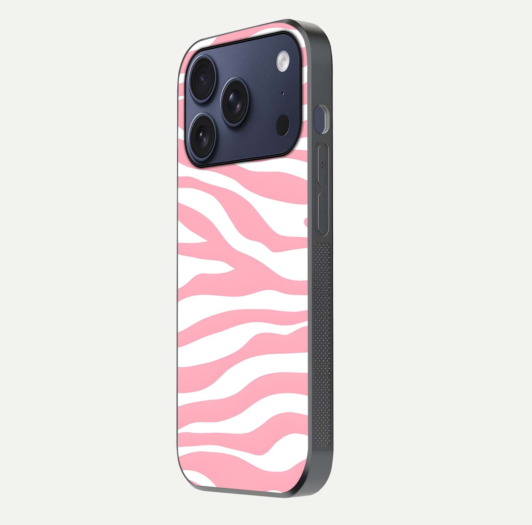 Blush Zebra Flow iPhone 17 Pro glass phone case side profile view focusing on sleek frame and seamless wrap