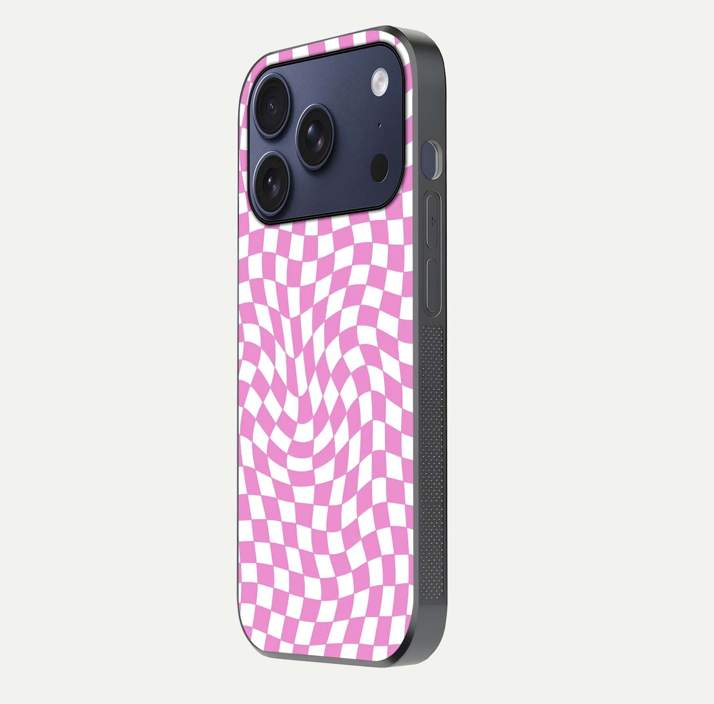 Bubblegum Check Wave iPhone 17 Pro glass phone case side profile view focusing on smooth edges and seamless wrap