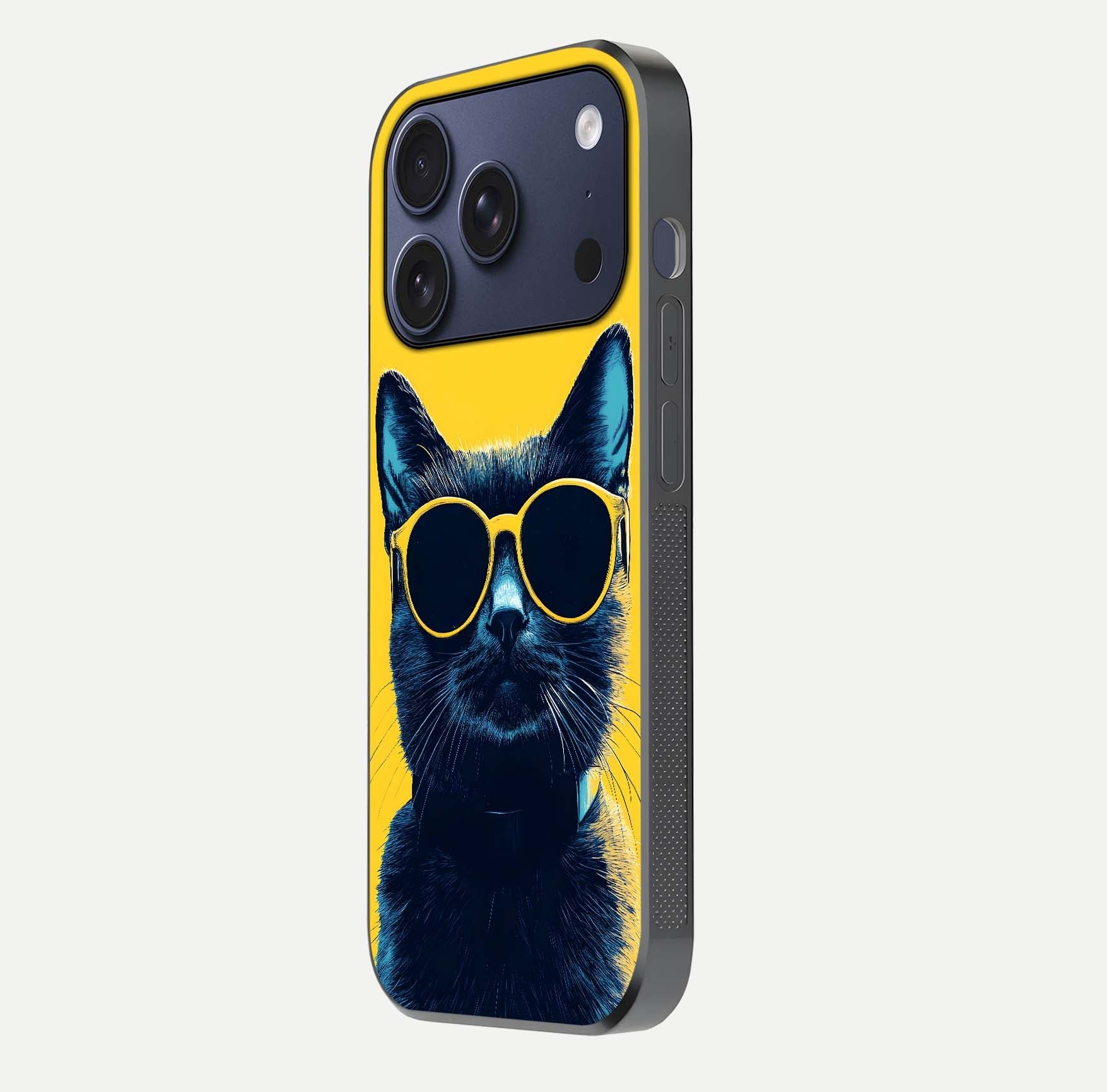 Cool Cat Vibes iPhone 17 Pro glass phone case side profile view focusing on sleek edges and seamless wrap