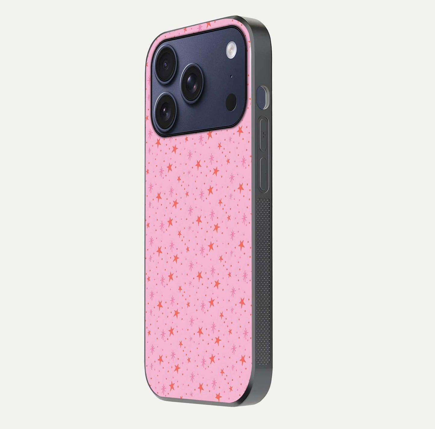 Cosmic Pink Sparkle iPhone 17 Pro glass phone case side profile view focusing on sleek edges and seamless wrap