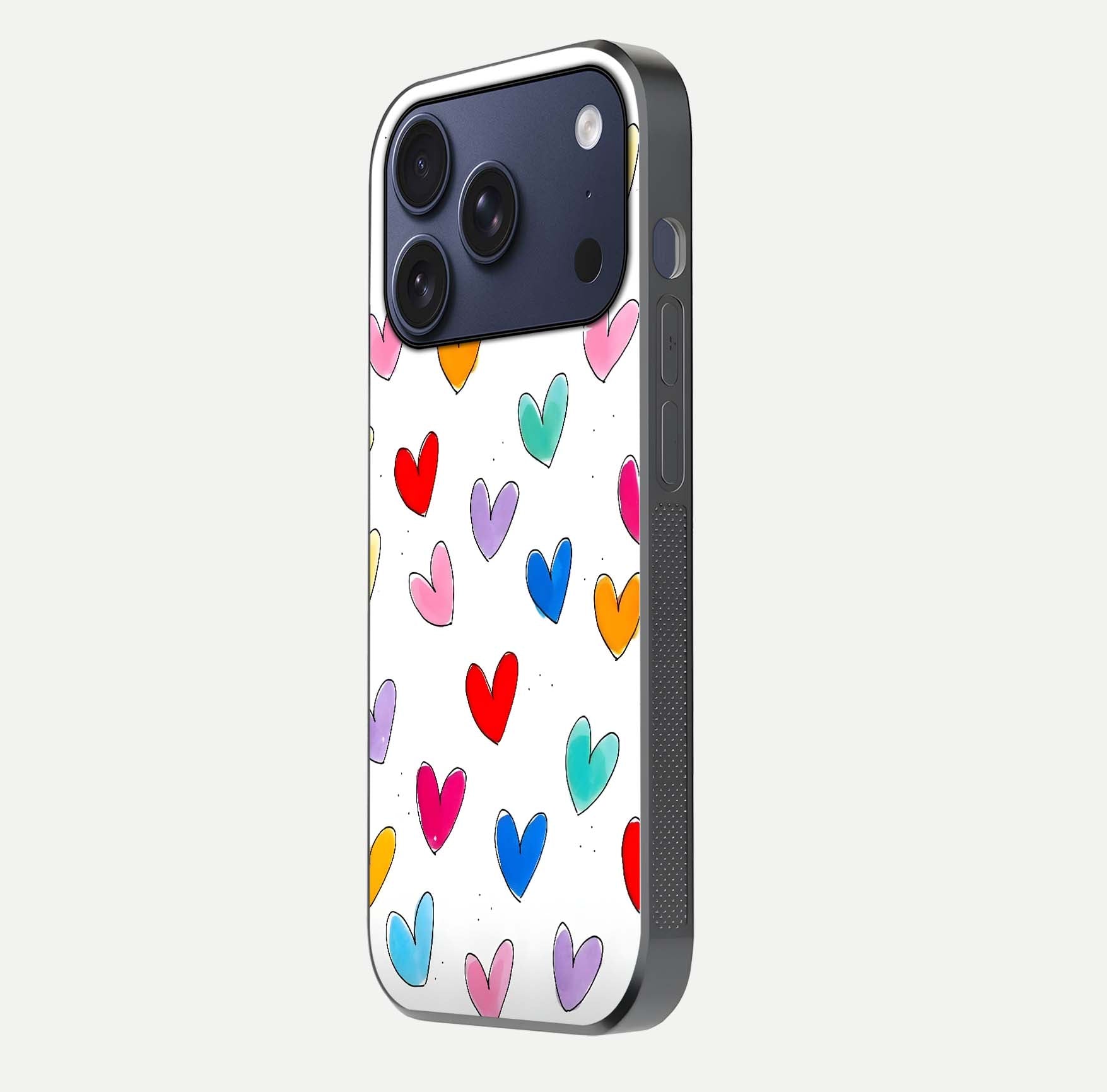 Playful Love Doodles iPhone 17 Pro glass phone case side profile view focusing on smooth frame and seamless wrap