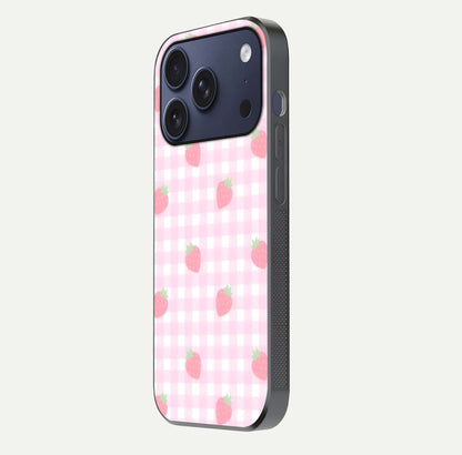 Strawberry Picnic Love iPhone 17 Pro glass phone case side profile view focusing on smooth frame and seamless wrap