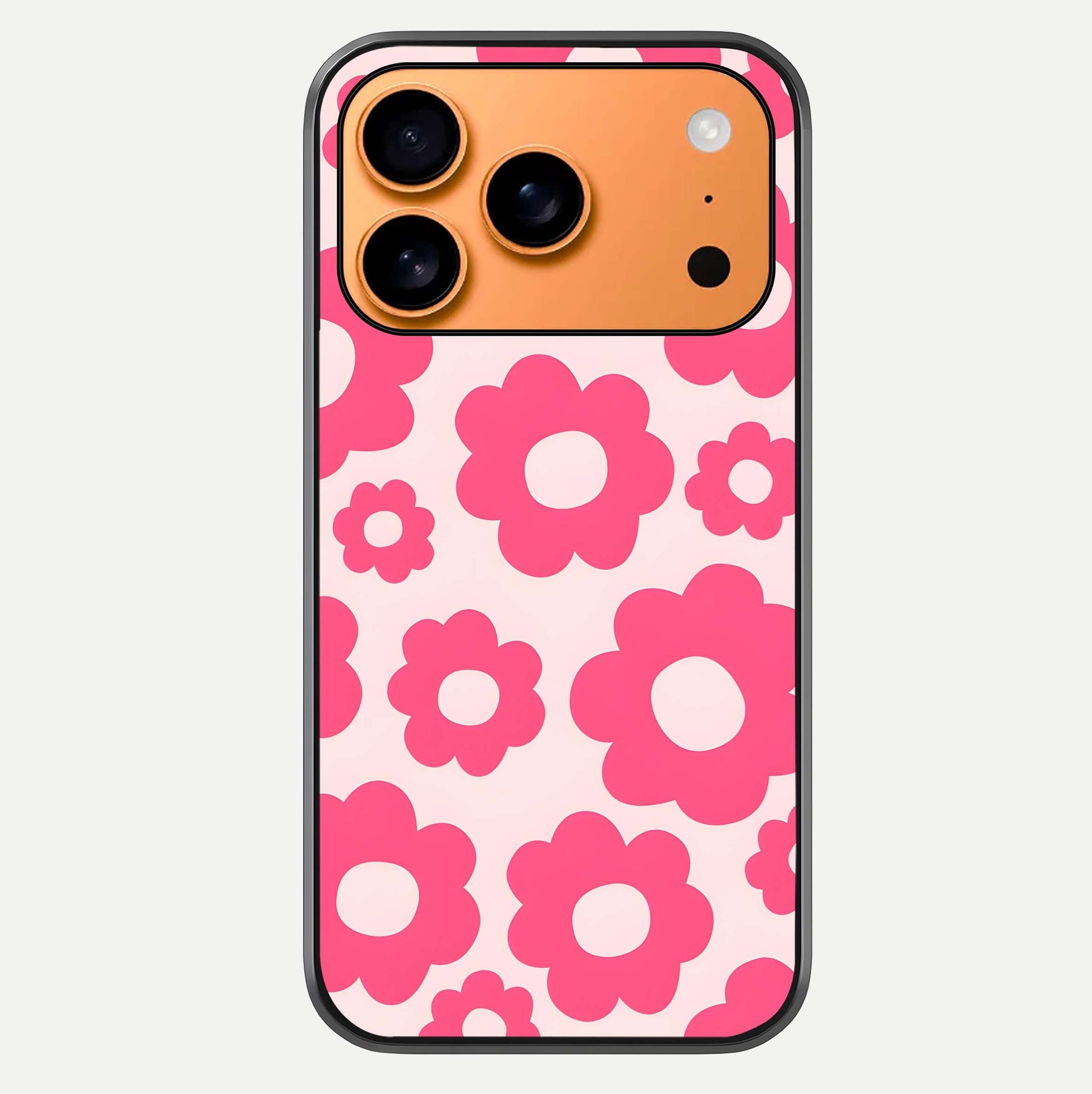 Blush Flower Pop iPhone 17 Pro Max glass phone case front view featuring playful blush floral artwork with glossy finish