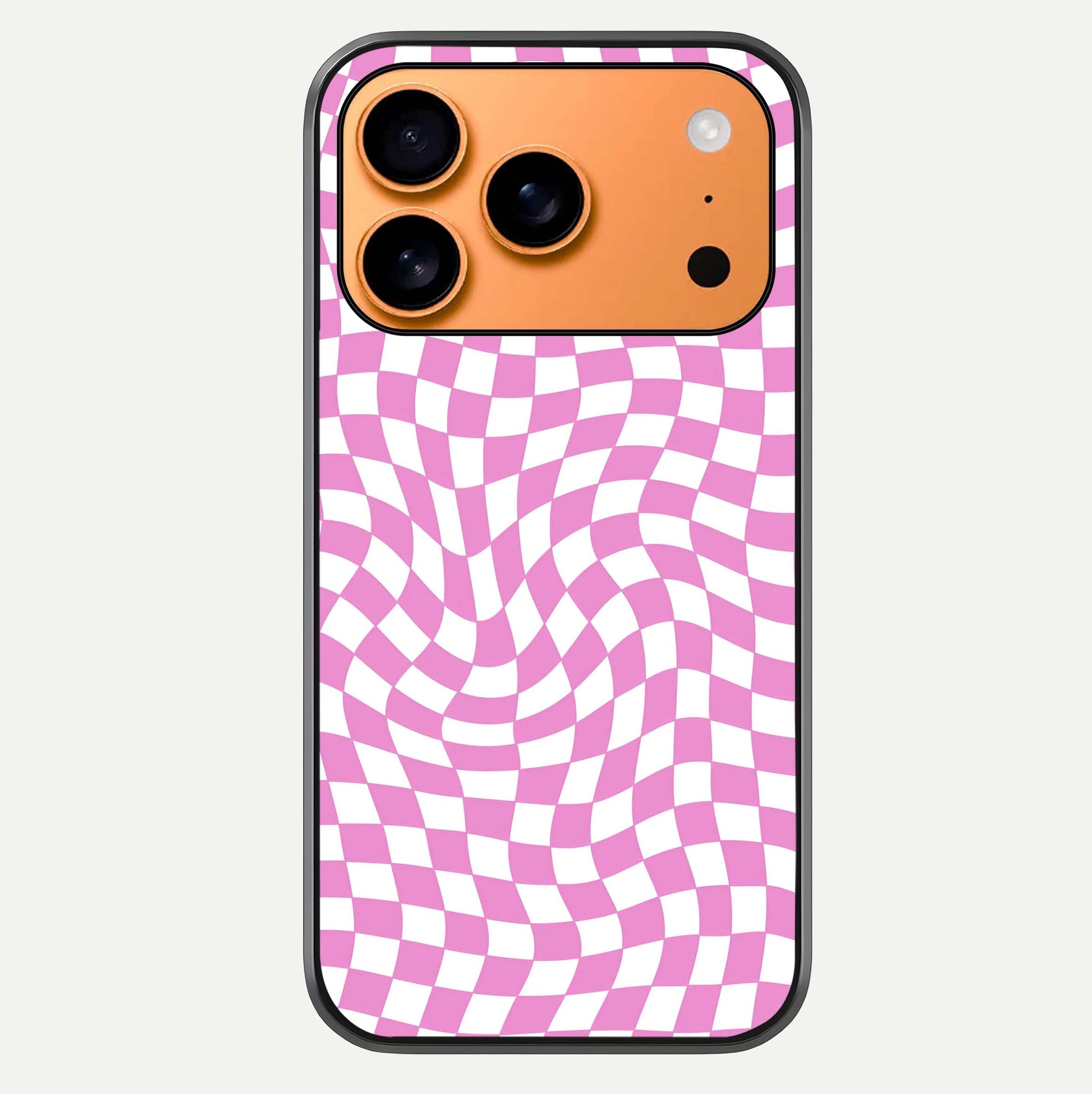 Bubblegum Check Wave iPhone 17 Pro Max glass phone case front view showcasing playful bubblegum check wave pattern with glossy finish