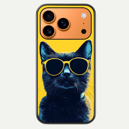 Cool Cat Vibes iPhone 17 Pro Max glass phone case front view featuring playful cat illustration with cool aesthetic tones