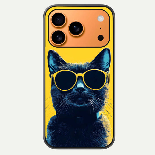 Cool Cat Vibes iPhone 17 Pro Max glass phone case front view featuring playful cat illustration with cool aesthetic tones