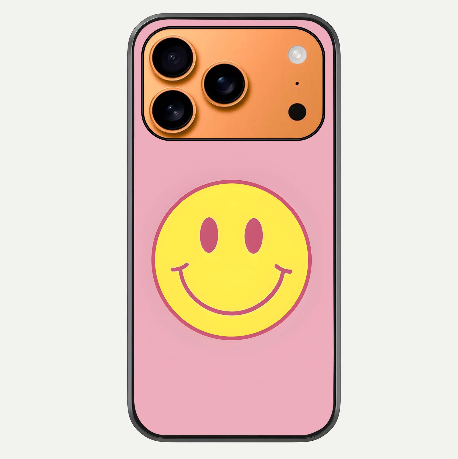 Happy Pink Mood iPhone 17 Pro Max glass phone case front view featuring cheerful pink tones and playful aesthetic design