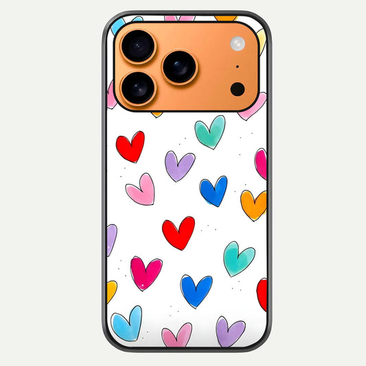 Playful Love Doodles iPhone 17 Pro Max glass phone case front view featuring cute love doodle illustrations with fun vibe