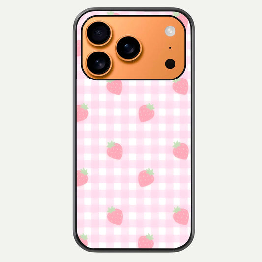 Strawberry Picnic Love iPhone 17 Pro Max glass phone case front view featuring cute strawberry picnic artwork with romantic vibe