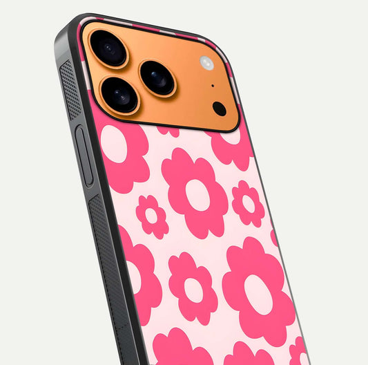 Blush Flower Pop iPhone 17 Pro Max glass phone case angled back view highlighting bright floral pop design and side grip texture