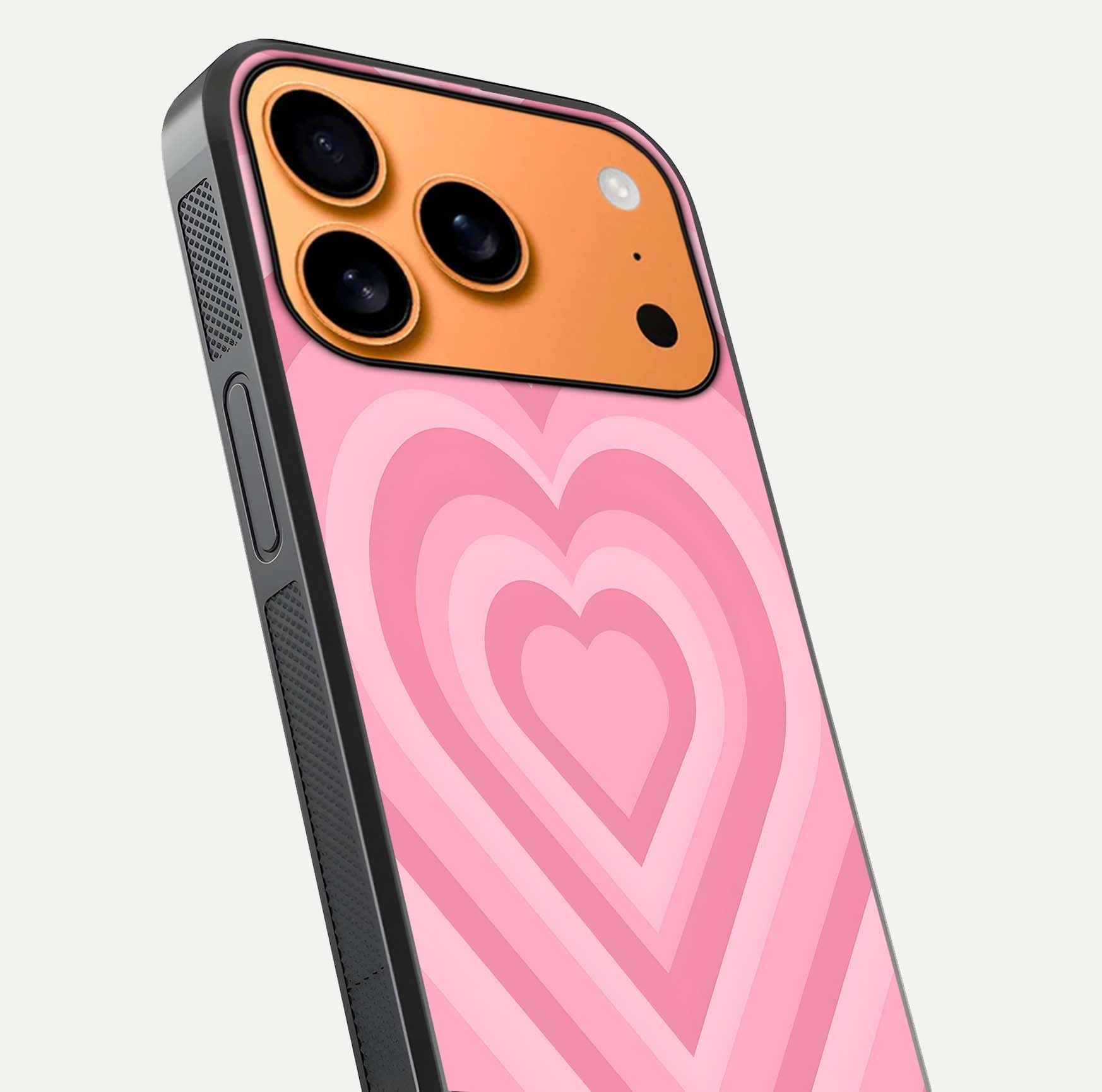 Blush Heart Waves iPhone 17 Pro Max glass phone case angled back view highlighting romantic heart wave artwork and grip texture