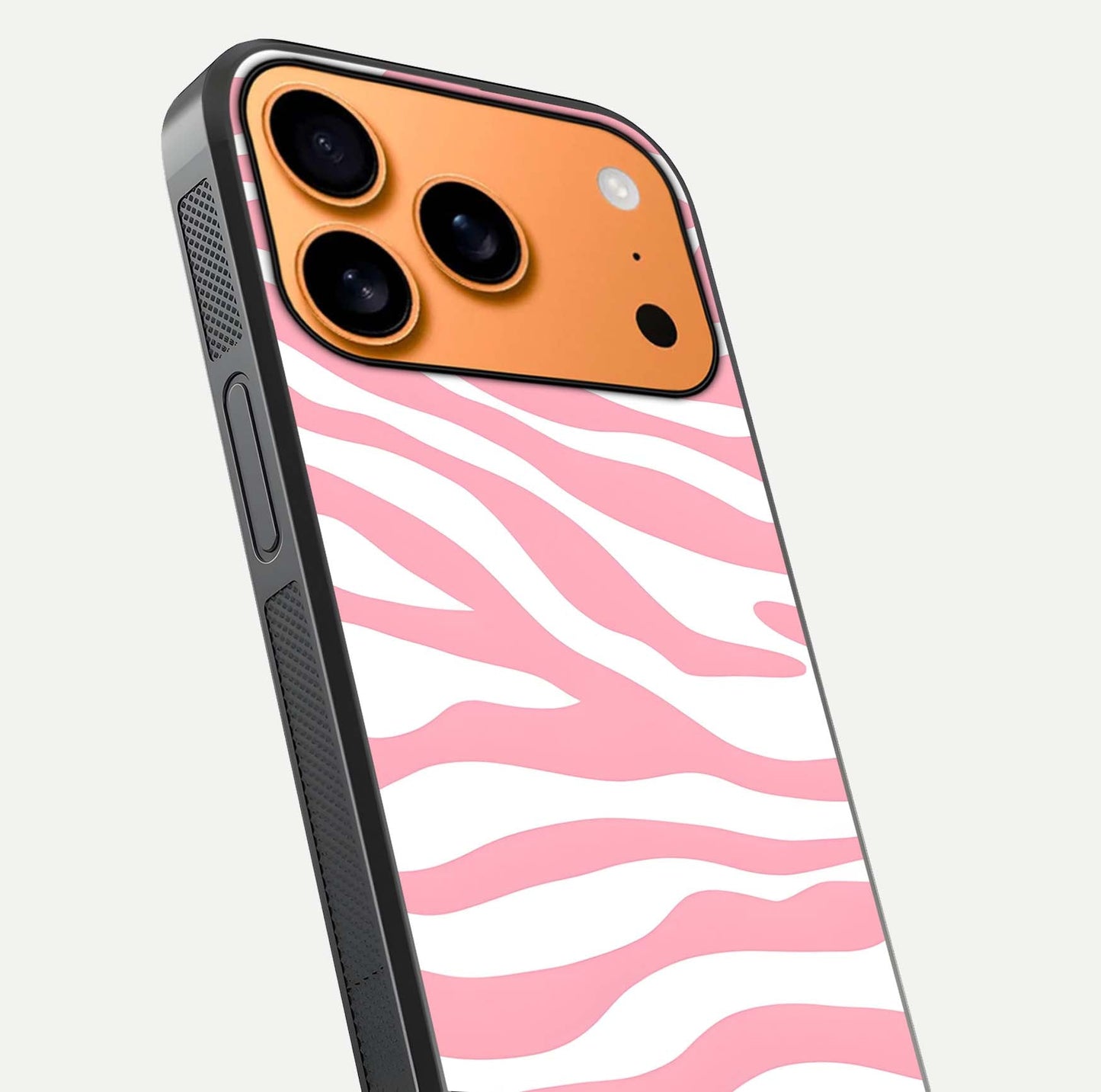 Blush Zebra Flow iPhone 17 Pro Max glass phone case angled back view highlighting bold zebra artwork and textured side grip