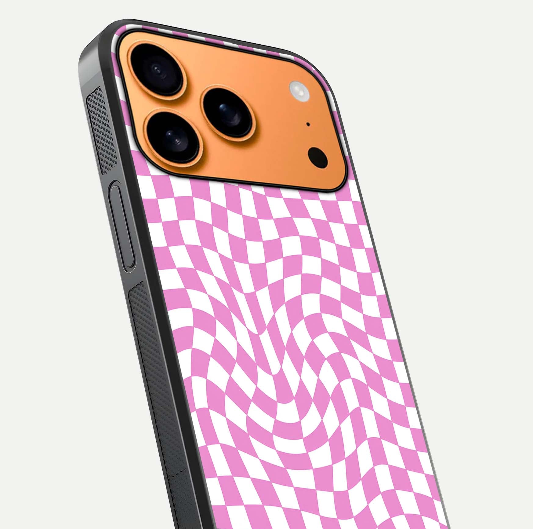 Bubblegum Check Wave iPhone 17 Pro Max glass phone case angled back view highlighting check wave artwork and side grip texture
