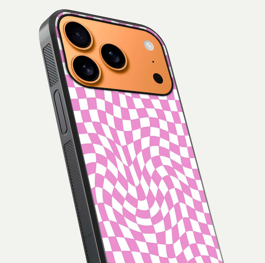 Bubblegum Check Wave iPhone 17 Pro Max glass phone case angled back view highlighting check wave artwork and side grip texture