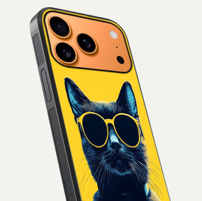 Cool Cat Vibes iPhone 17 Pro Max glass phone case angled back view highlighting cat artwork and textured side grip
