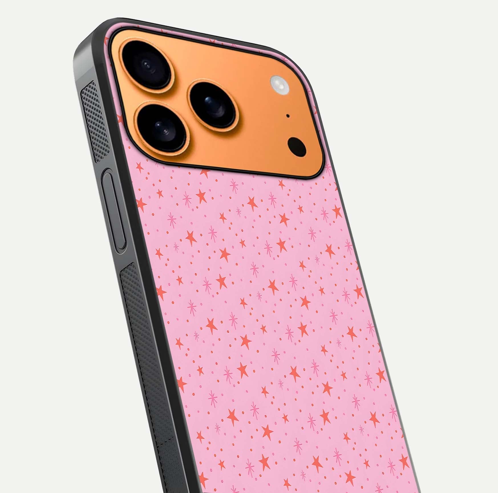 Cosmic Pink Sparkle iPhone 17 Pro Max glass phone case angled back view highlighting sparkling galaxy design and textured side grip