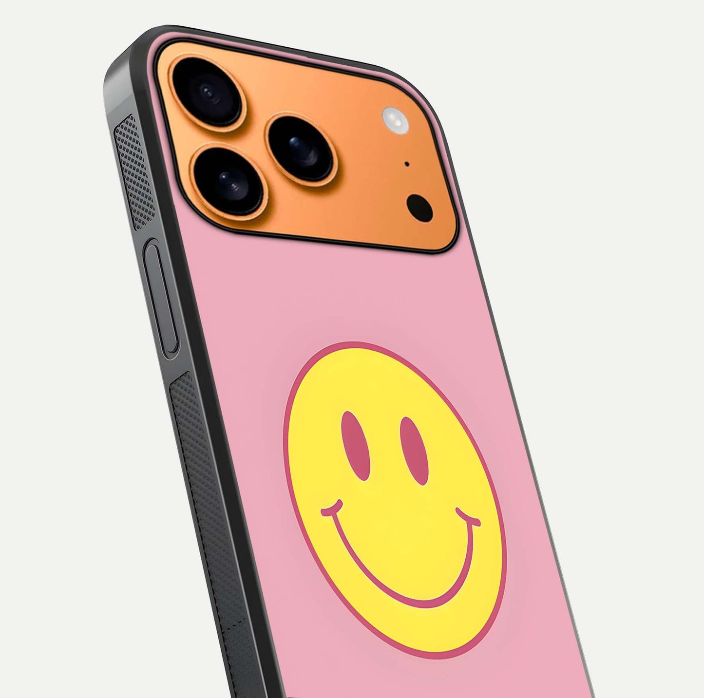 Happy Pink Mood iPhone 17 Pro Max glass phone case angled back view highlighting bright pink artwork and side grip texture