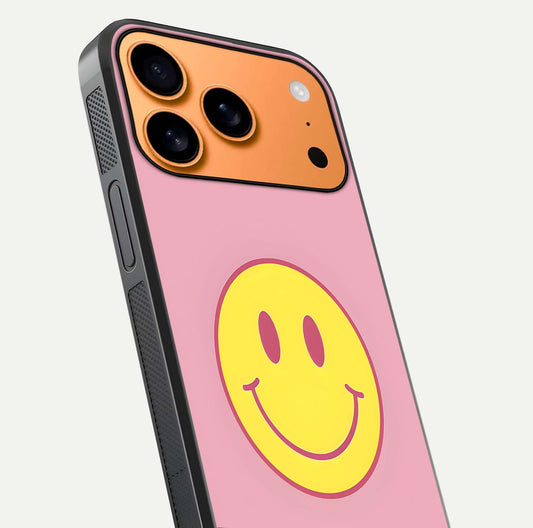 Happy Pink Mood iPhone 17 Pro Max glass phone case angled back view highlighting bright pink artwork and side grip texture