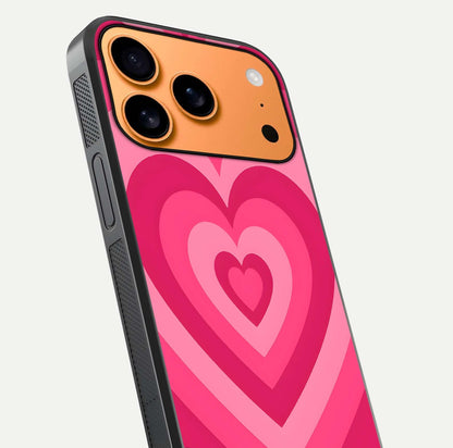 Layered Love Hearts iPhone 17 Pro Max glass phone case angled back view highlighting heart artwork and textured grip edges