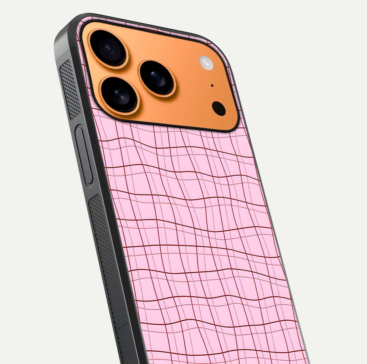 Soft Grid Bliss iPhone 17 Pro Max glass phone case angled back view highlighting grid artwork and side grip texture