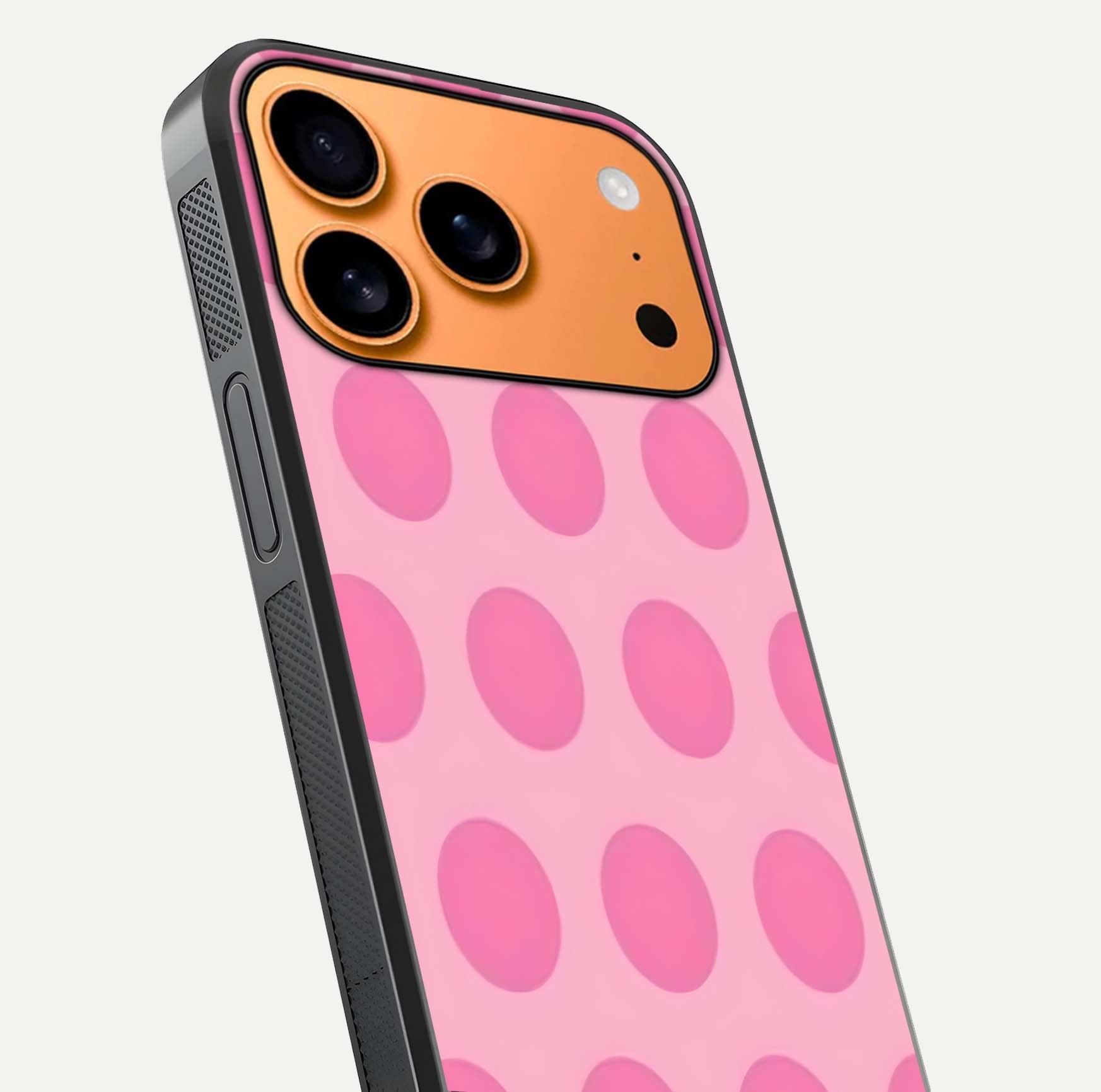 Sweet Dot Dreams iPhone 17 Pro Max glass phone case angled back view highlighting dotted artwork and side grip texture