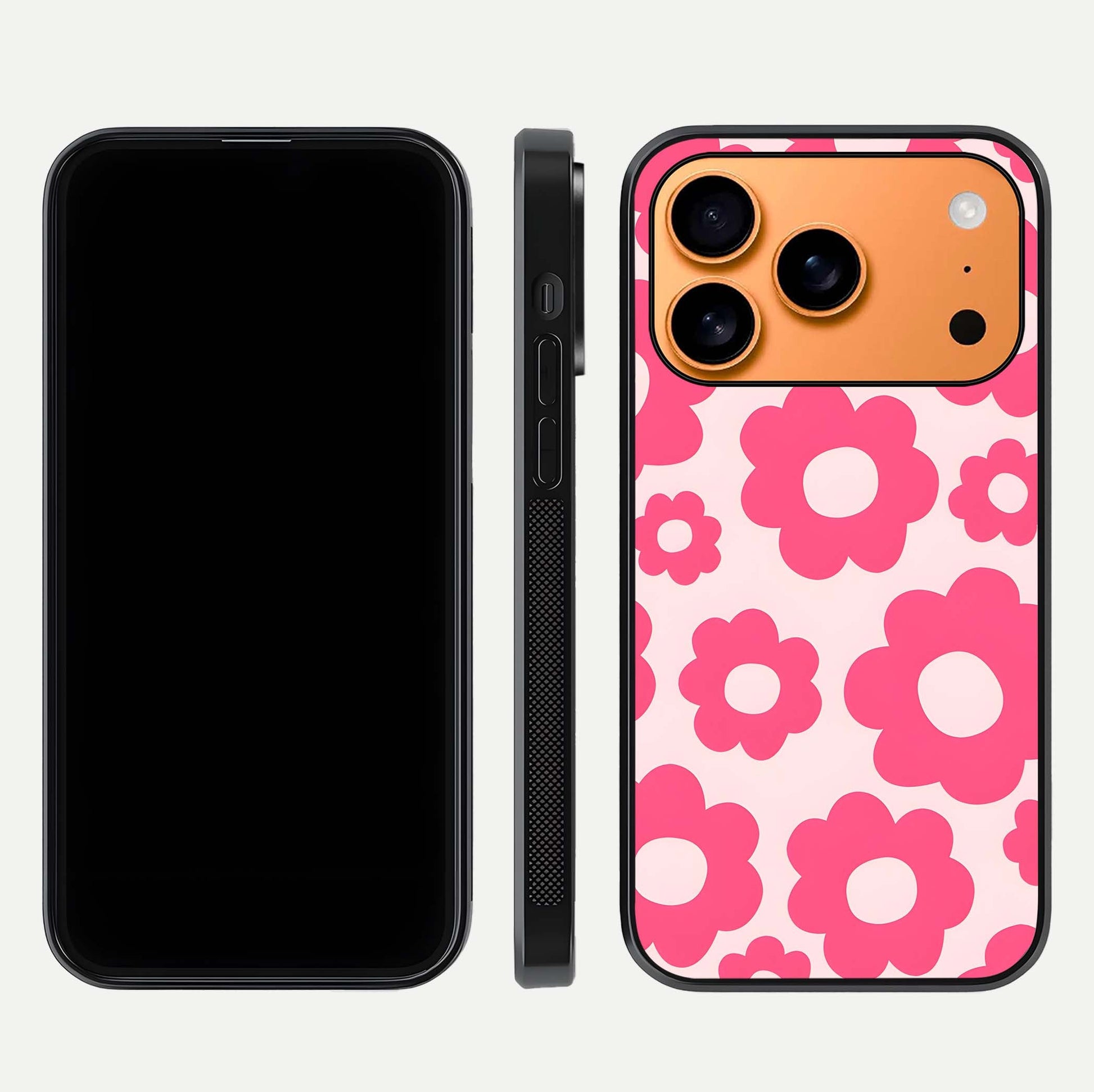 Blush Flower Pop iPhone 17 Pro Max glass phone case front and side layout view showing slim profile and full floral coverage