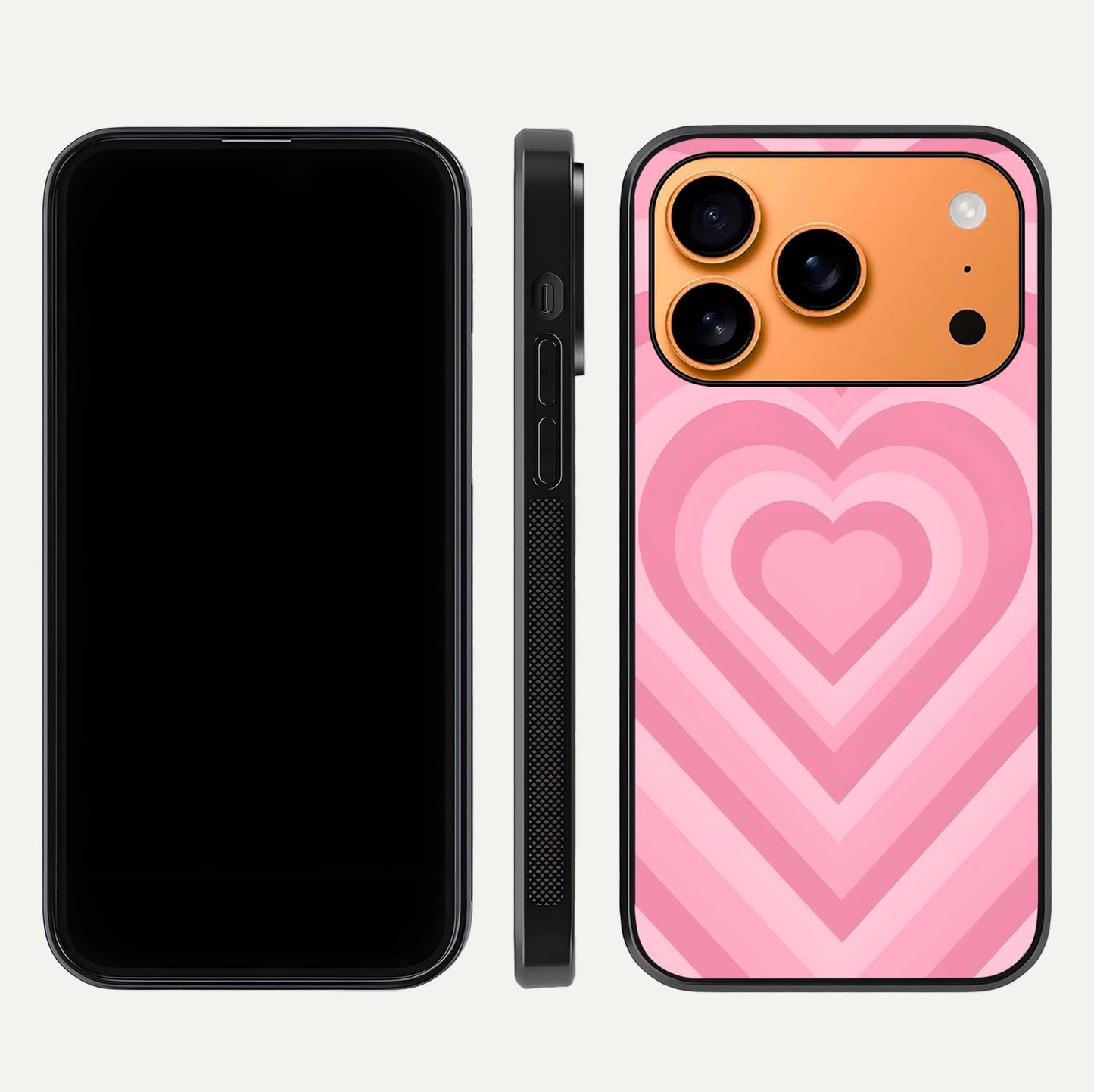 Blush Heart Waves iPhone 17 Pro Max glass phone case front and side layout view displaying slim frame and full heart pattern