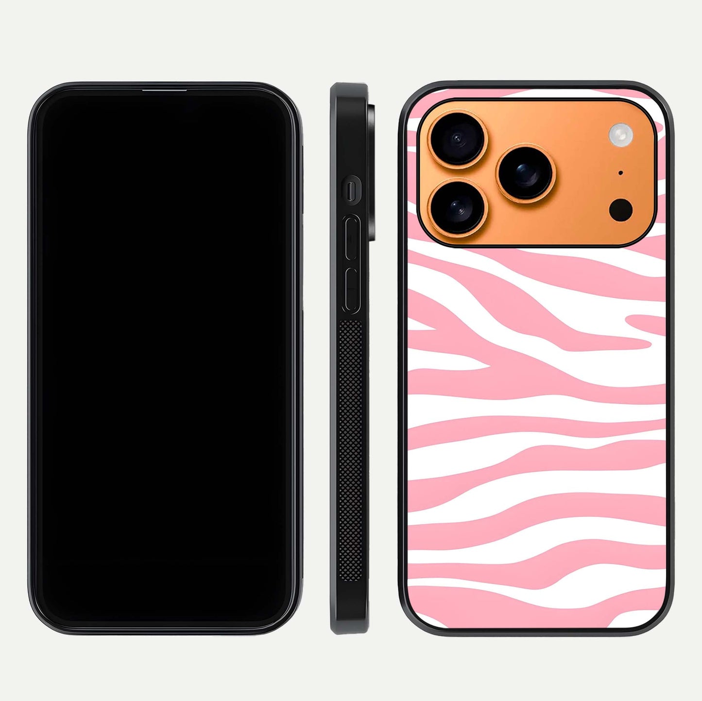 Blush Zebra Flow iPhone 17 Pro Max glass phone case front and side layout view showing slim build and flowing pattern coverage