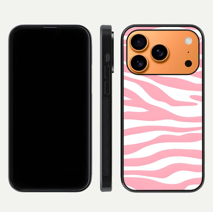 Blush Zebra Flow iPhone 17 Pro Max glass phone case front and side layout view showing slim build and flowing pattern coverage