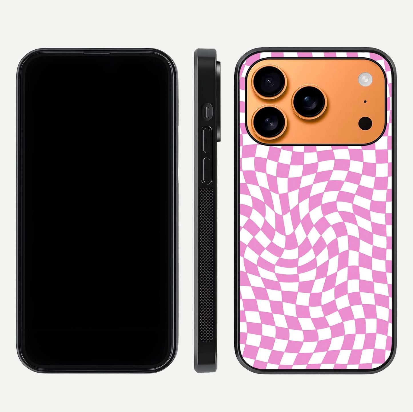 Bubblegum Check Wave iPhone 17 Pro Max glass phone case front and side layout view displaying slim profile and full pattern coverage