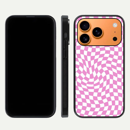 Bubblegum Check Wave iPhone 17 Pro Max glass phone case front and side layout view displaying slim profile and full pattern coverage