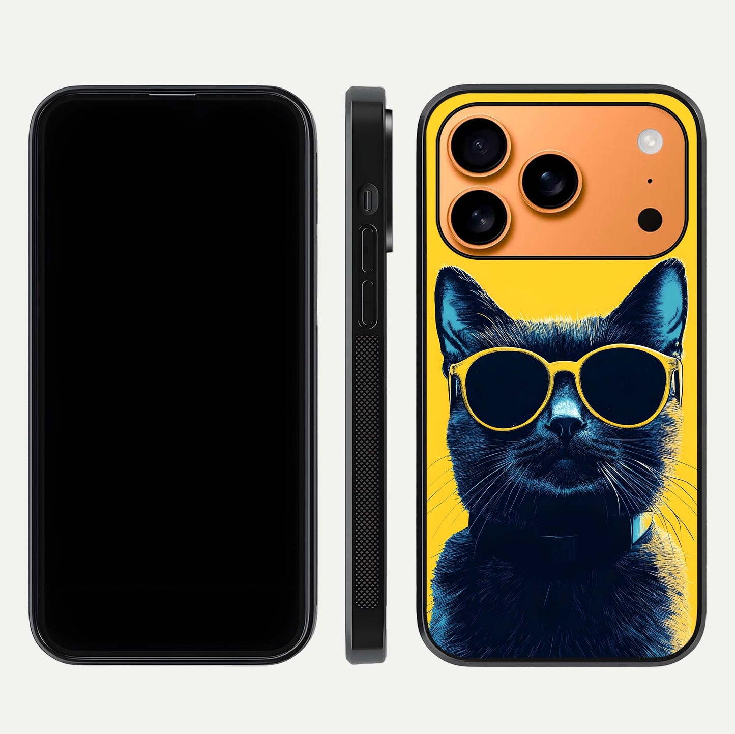 Cool Cat Vibes iPhone 17 Pro Max glass phone case front and side layout view showing slim frame and full design coverage