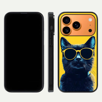 Cool Cat Vibes iPhone 17 Pro Max glass phone case front and side layout view showing slim frame and full design coverage