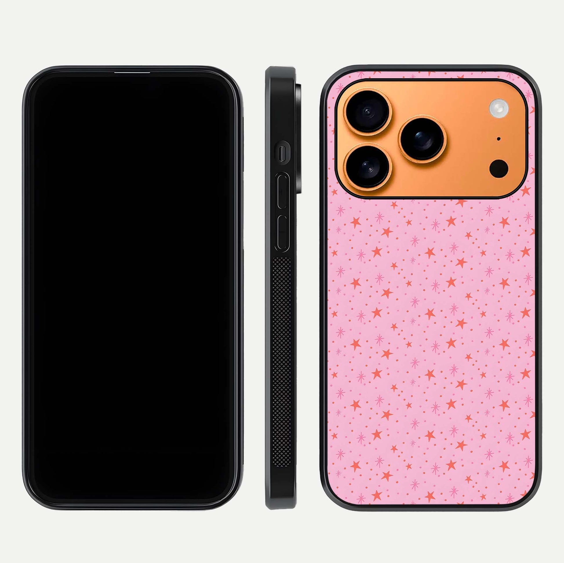 Cosmic Pink Sparkle iPhone 17 Pro Max glass phone case front and side layout view displaying slim profile and full cosmic coverage