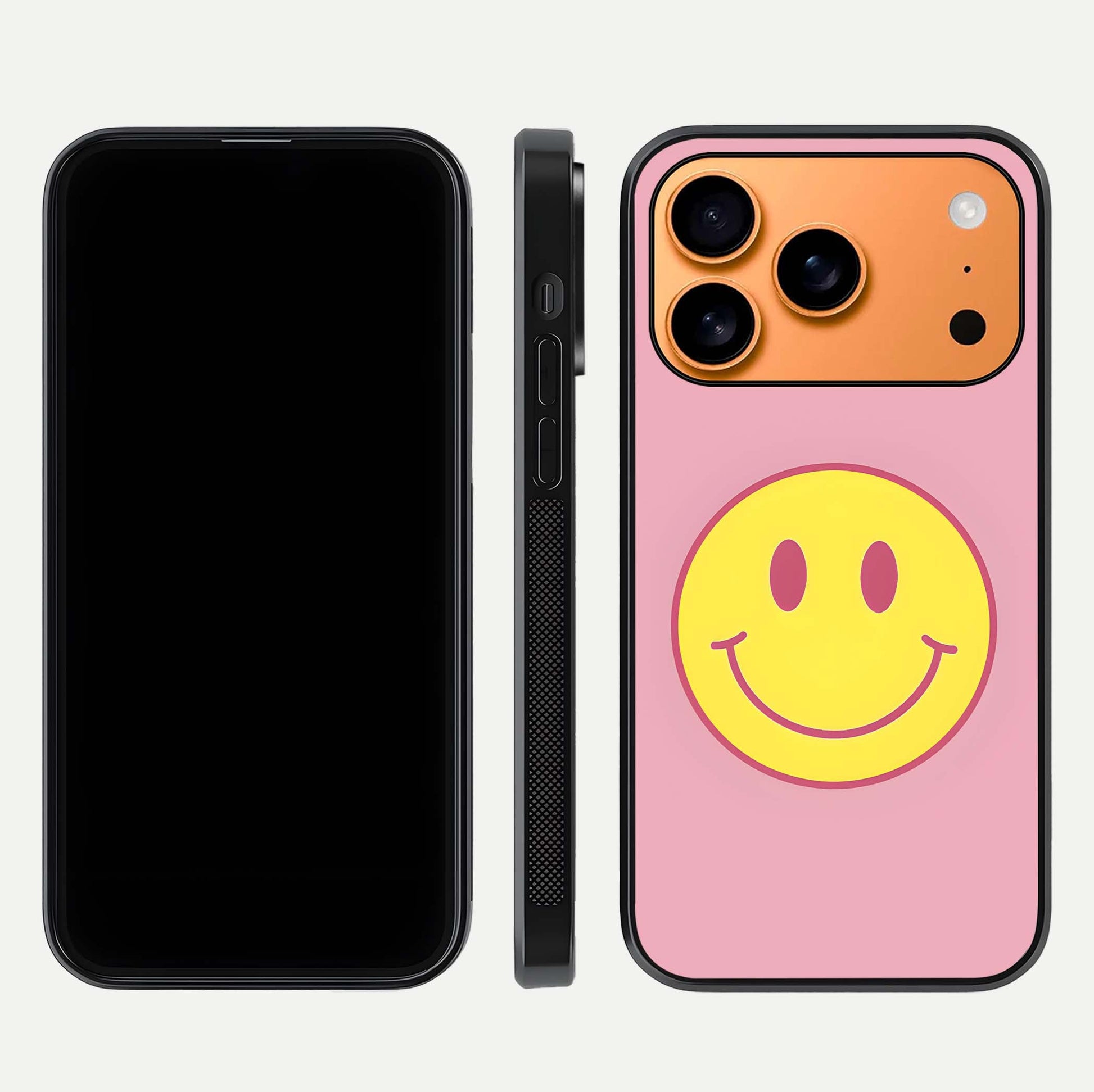 Happy Pink Mood iPhone 17 Pro Max glass phone case front and side layout view showing slim build and full pink coverage