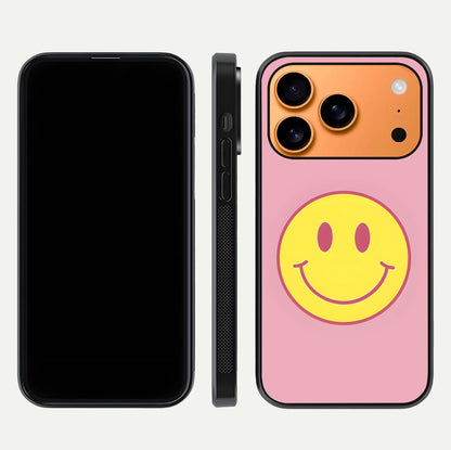 Happy Pink Mood iPhone 17 Pro Max glass phone case front and side layout view showing slim build and full pink coverage