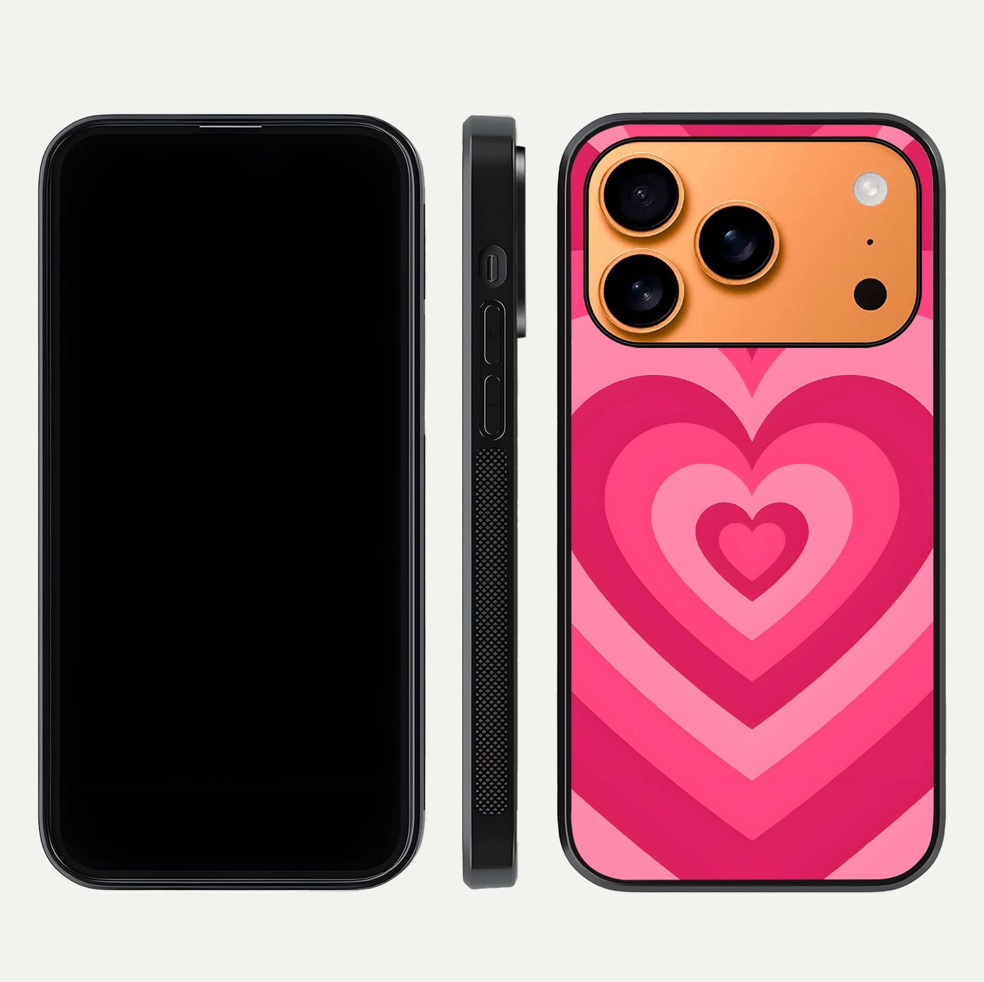 Layered Love Hearts iPhone 17 Pro Max glass phone case front and side layout view displaying slim profile and full heart design