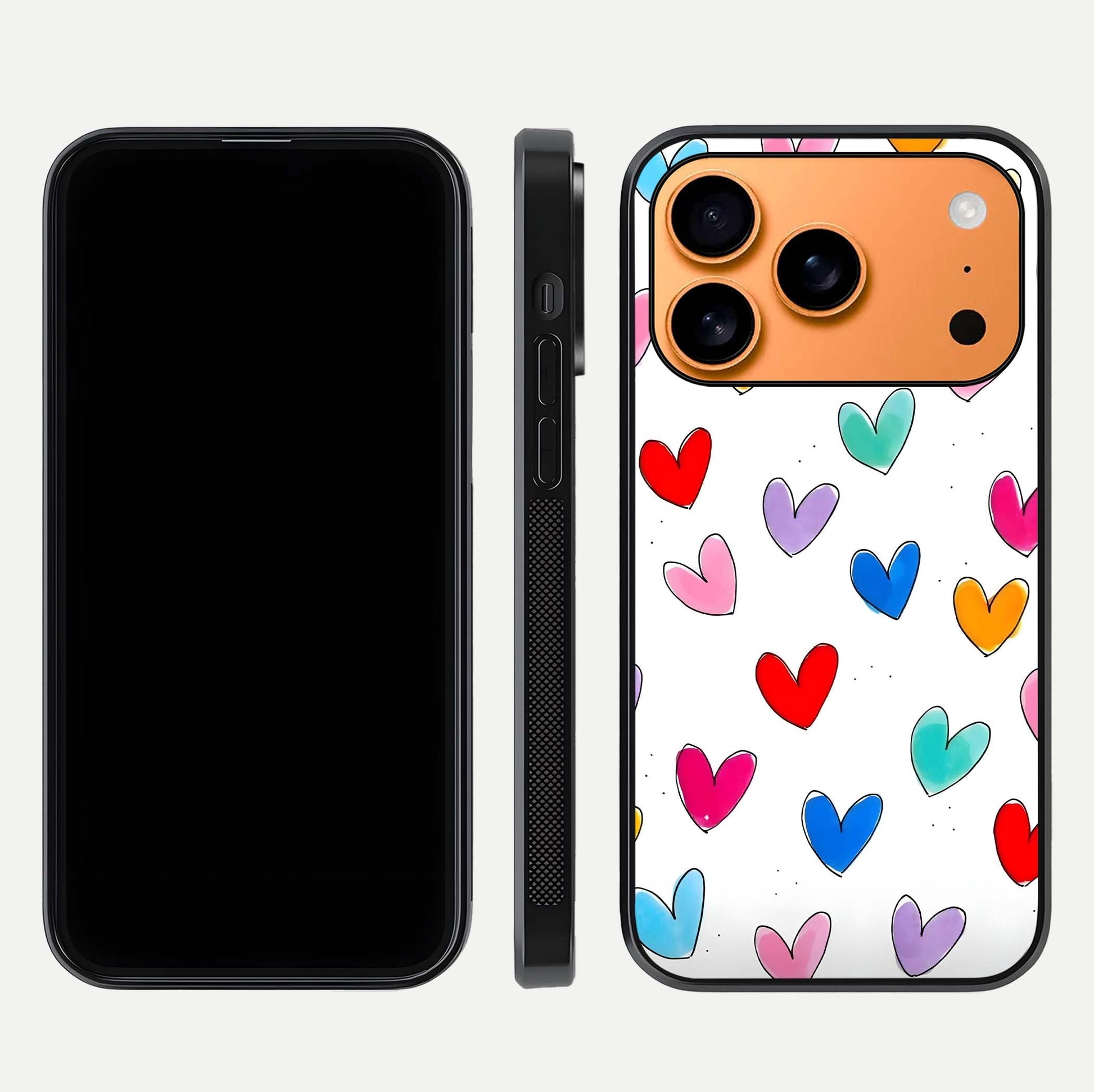 Playful Love Doodles iPhone 17 Pro Max glass phone case front and side layout view showing slim build and full doodle coverage