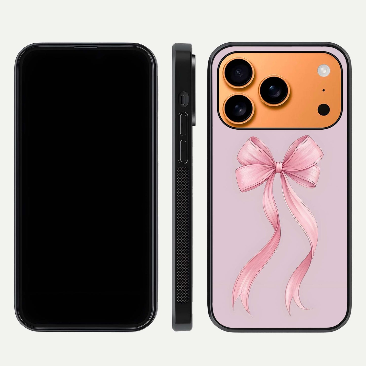 Soft Blush Bow iPhone 17 Pro Max glass phone case front and side layout view displaying slim profile and gentle aesthetic