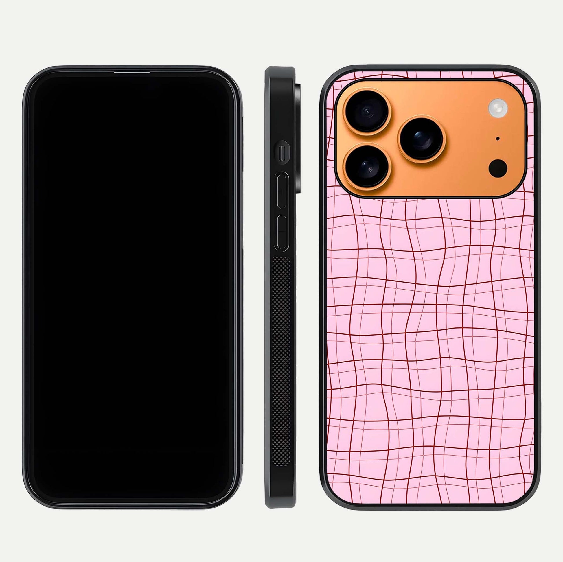 Soft Grid Bliss iPhone 17 Pro Max glass phone case front and side layout view displaying slim profile and clean design