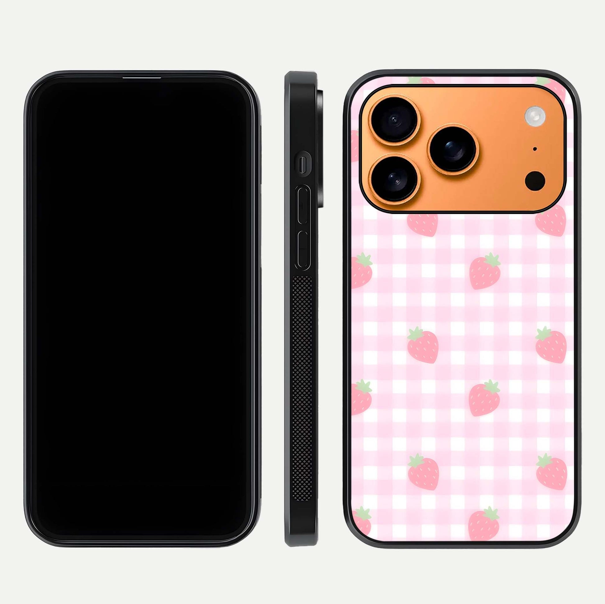 Strawberry Picnic Love iPhone 17 Pro Max glass phone case front and side layout view showing slim profile and full picnic design
