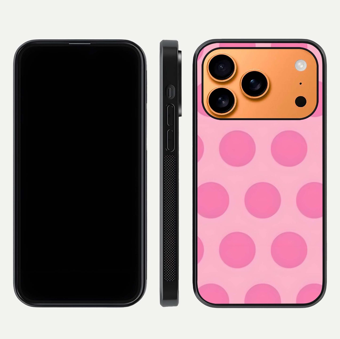 Sweet Dot Dreams iPhone 17 Pro Max glass phone case front and side layout view displaying slim build and full dot design