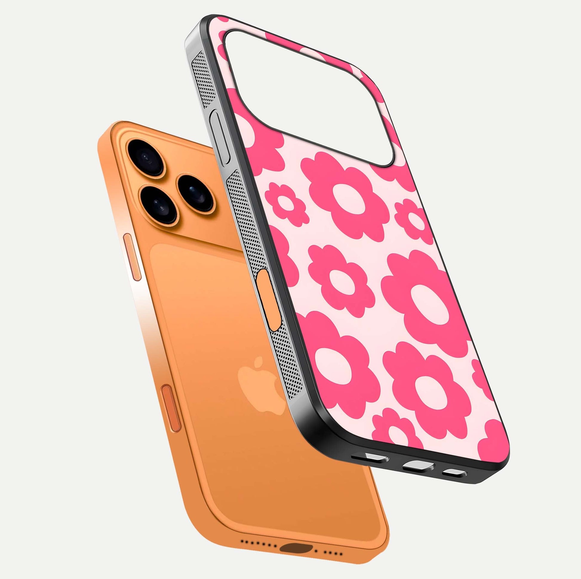 Blush Flower Pop iPhone 17 Pro Max glass phone case floating view emphasizing premium build and vibrant flower artwork