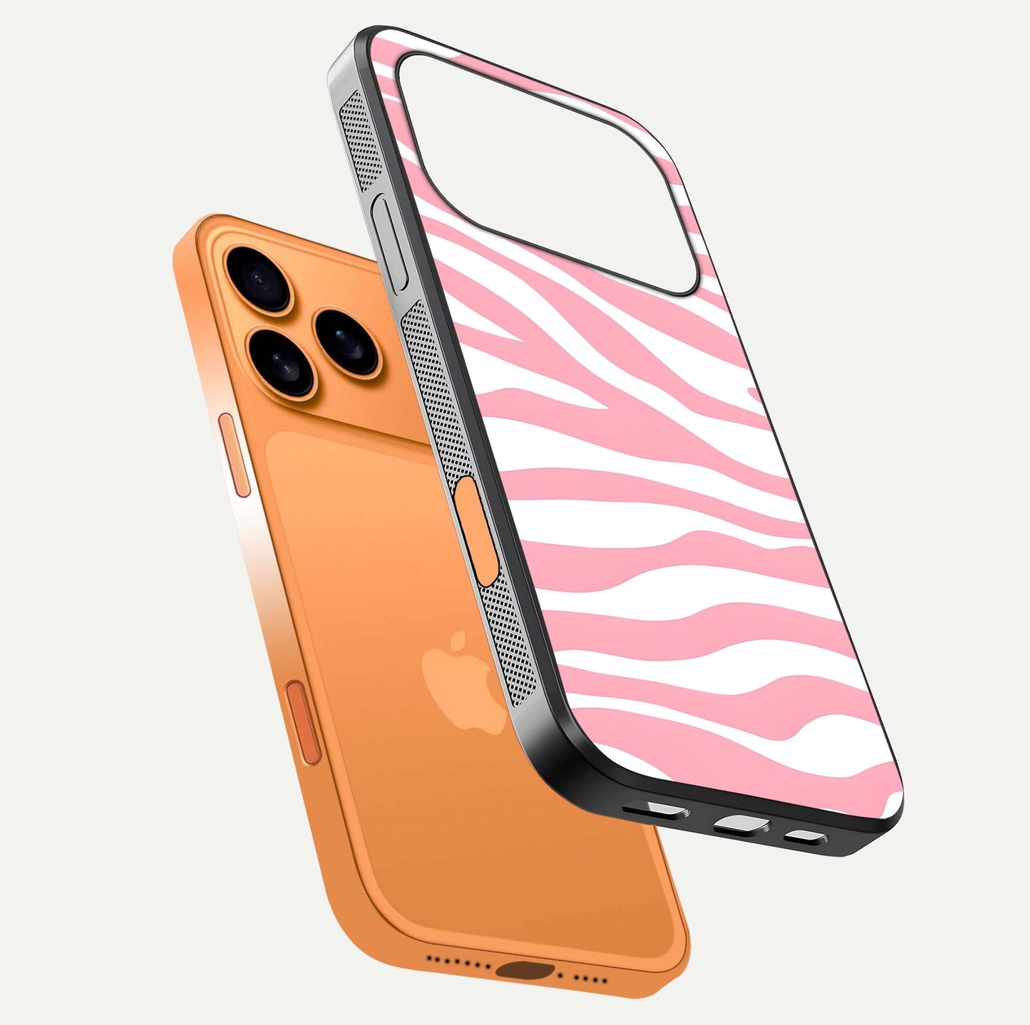 Blush Zebra Flow iPhone 17 Pro Max glass phone case floating view emphasizing premium glossy surface and dynamic design