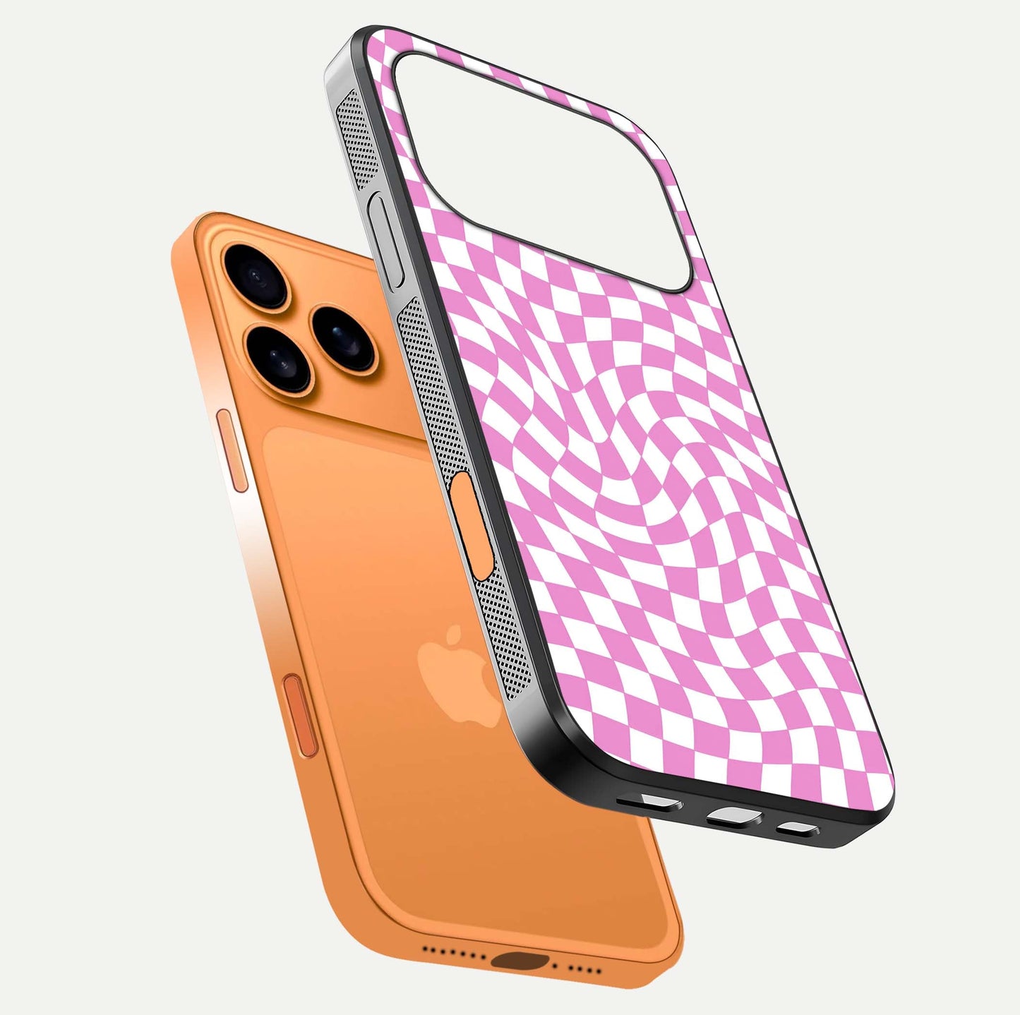 Bubblegum Check Wave iPhone 17 Pro Max glass phone case floating view emphasizing premium glass finish and vibrant design
